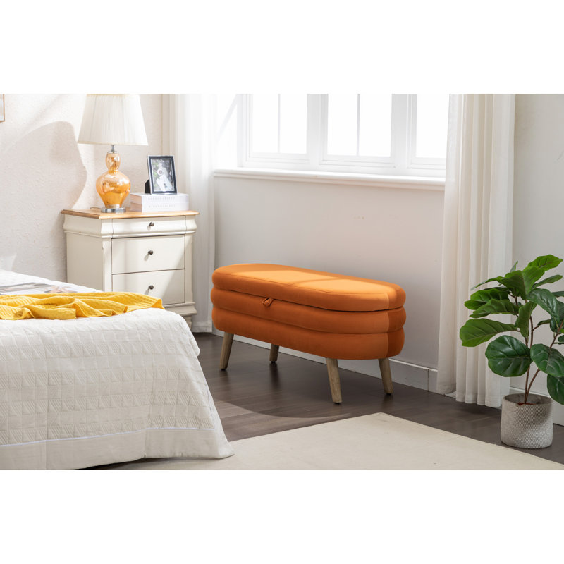 036-Banc de rangement en velours pour chambre avec pieds en bois, Orange