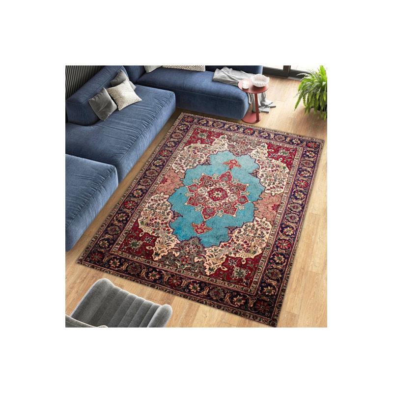 Tapis décoratif lavable à la machine moderne multicolore à motif tissé bleu, Tapis de couloir 3 pi 3 po x 9 pi 10 po