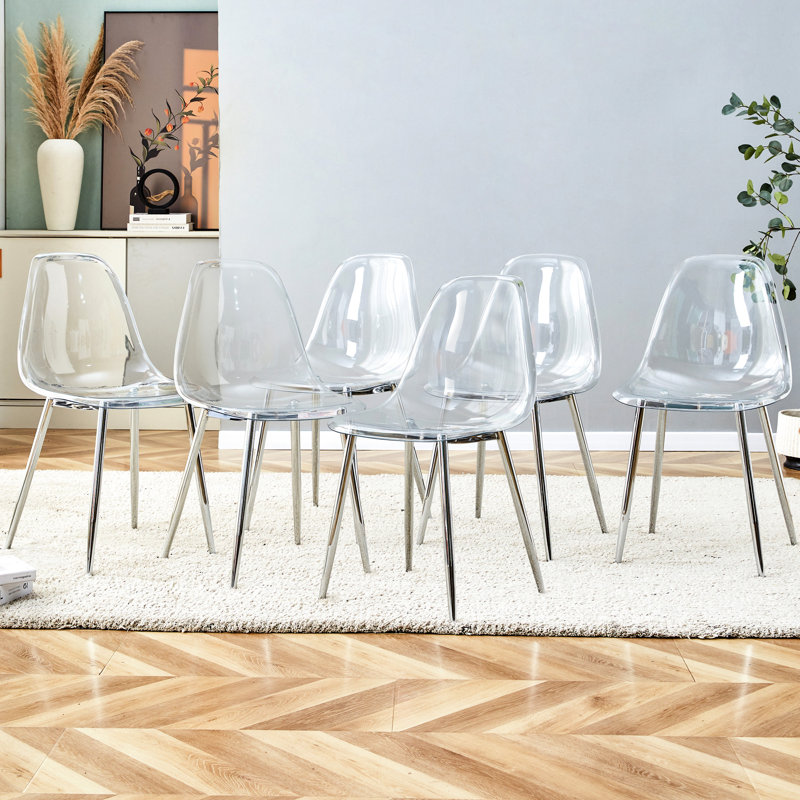 Chaise de salle à manger transparente, tabouret sans accoudoirs en plastique, siège de maquillage nordique, Négociation 6 avec pieds en métal argenté, design innovant et moderne en cristal minimaliste