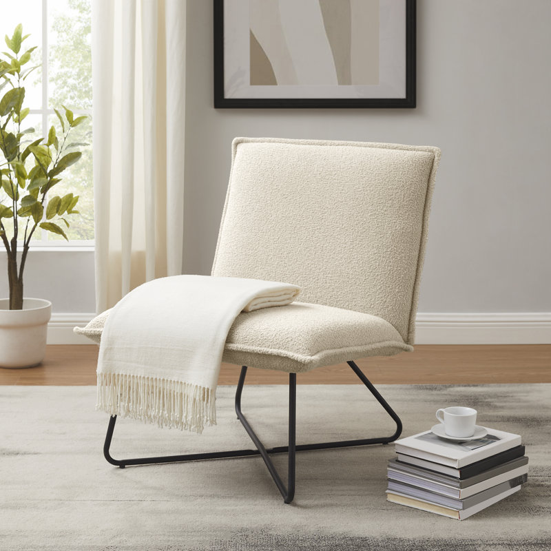 Vicolo Sherpa Upholstered Accent Chair with Metal Legs, Beige