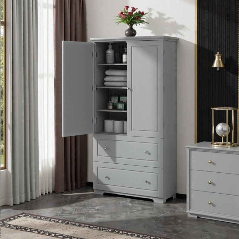 Large armoire de rangement pour salle de bain avec 2 tiroirs et tablettes réglables - Armoire autoportante en panneau de fibres à densité moyenne avec dispositif anti-basculement