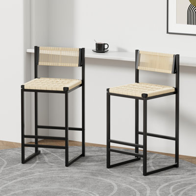 Ensemble de 2 tabourets de bar tissés avec dossier en corde de papier tissé pour îlot de cuisine (style B noir et blanc crème)