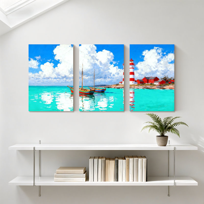 Nautique plage bateau phare ciel eau nuages réflexion rouge ensemble de 3 impressions sur toile, H 18 po x l 36 po