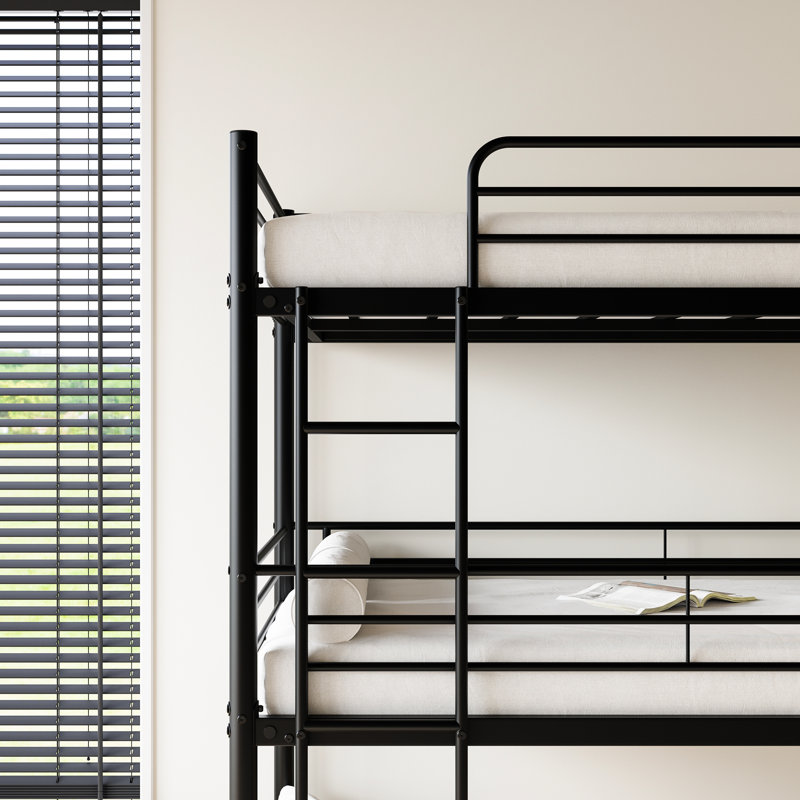 Black Triple Twin Bunk Beds, Over Twin, Space - Saving, Easy Assembly, Guardrails, Two Ladders, Stable Structure, Modern Bed For Compact Bedrooms Bed, Black, Metal Frame, Saving Design, Features, And