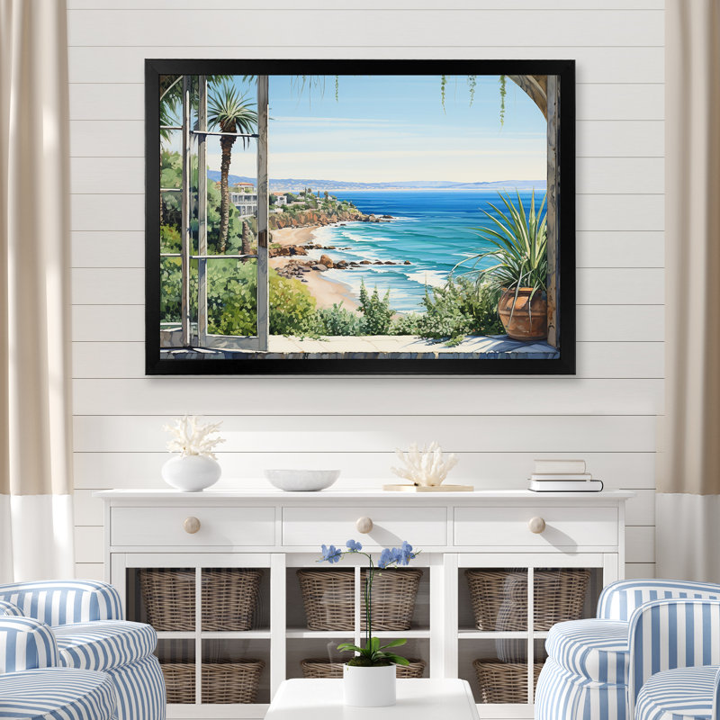 Seaside, vue tropicale I - Fenêtres côtières, art mural, Cadre d'angle fermé noir, H 12 po x l 20 po x P 1 po