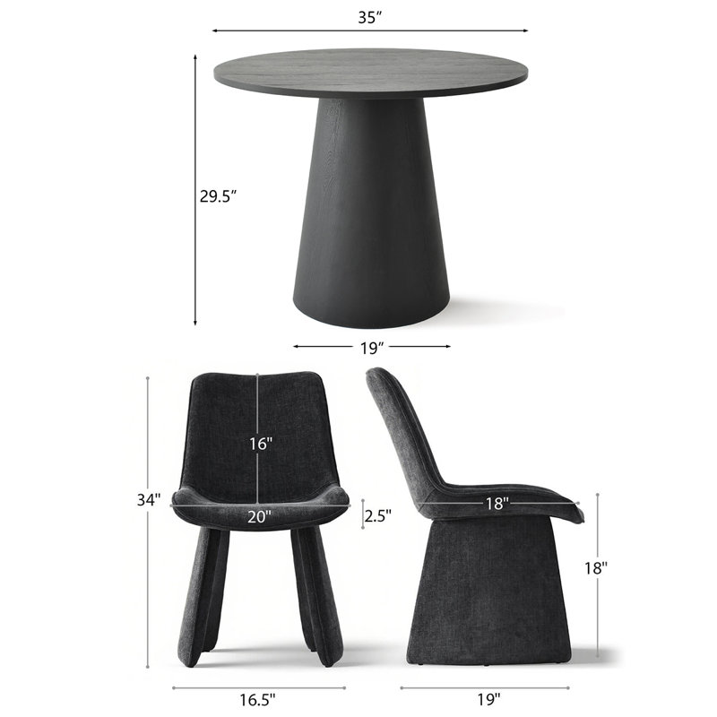 35" Round Pedestal Dining Table Set With 2 Upholstered Dining Chairs, Black