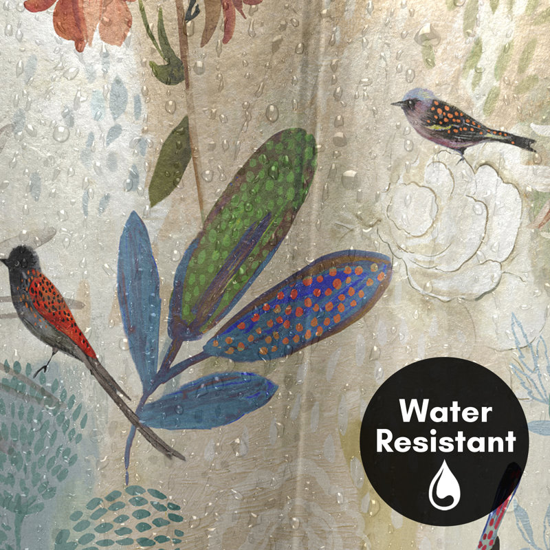 Sepia Orange Floral Polyester Shower Curtain with Birds