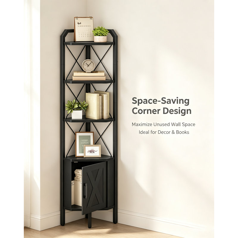 Corner Shelf with Cabinet – 4-Tier Tall Corner Bookcase, X-Form & Diamond Lattice Design, Black