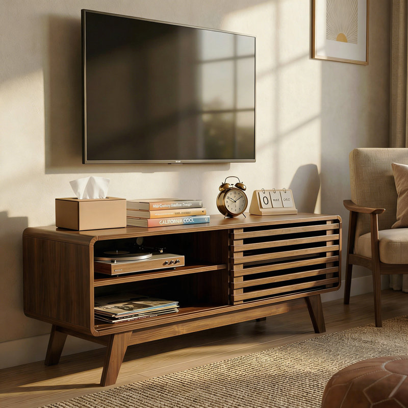 Console média de style campagne moderne de 46 pouces avec porte coulissante à lattes - Noyer