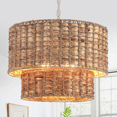 Kaetlin 5 - Light 2-Tier Bohemian Drum Chandelier with Natural Rattan  Lampshade, Farmhouse Kitchen Lighting with E12 Socket -18.9"W x 76"H