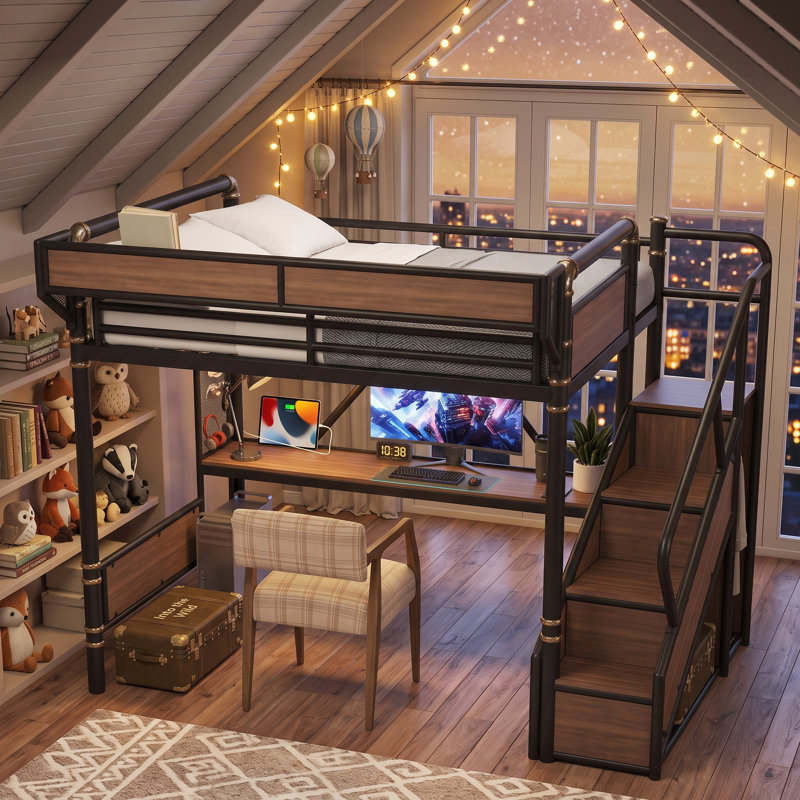 Lit mezzanine pour enfants AVELOR avec bureau intégré, lumières DEL et rangement intelligent pour jouer et étudier, Queen
