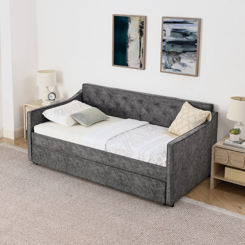 Twin Size Upholstered Daybed with Pop-Up Trundle and USB Charging, Grey, Gray