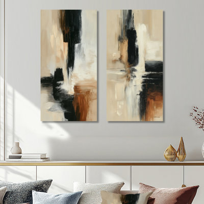 «Black and Brown Brushstroke», peinture abstraite I - art mural contemporain en métal 2 pièces