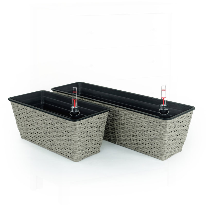 2-Pack Smart Self-watering Rectangle Planter for Indoor and Outdoor - Hand Woven Wicker - Gray, Gray