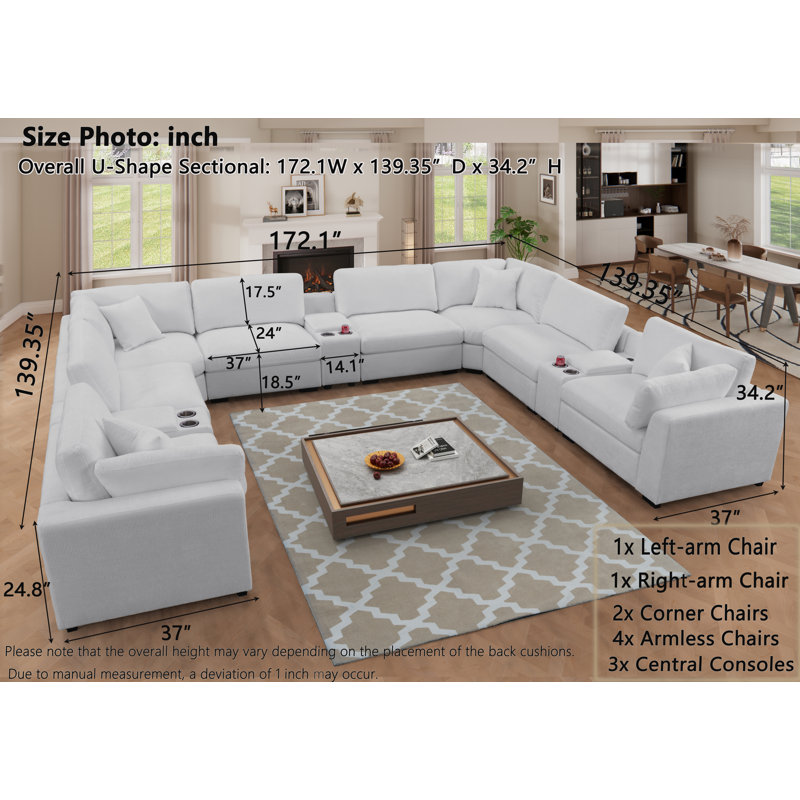 Upholstered Oversized 8 Seater Modular U-sectional With 3 Multifunctional Console, Storage&usb Ports And Cup Holders