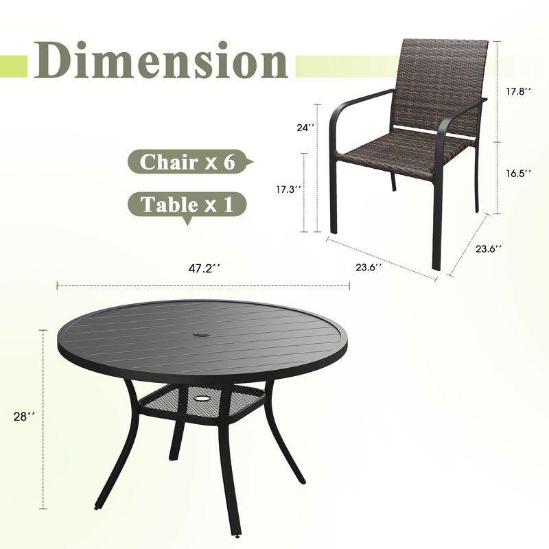 6-Person Round Patio Dining Set With Wicker Rattan Chairs, Black