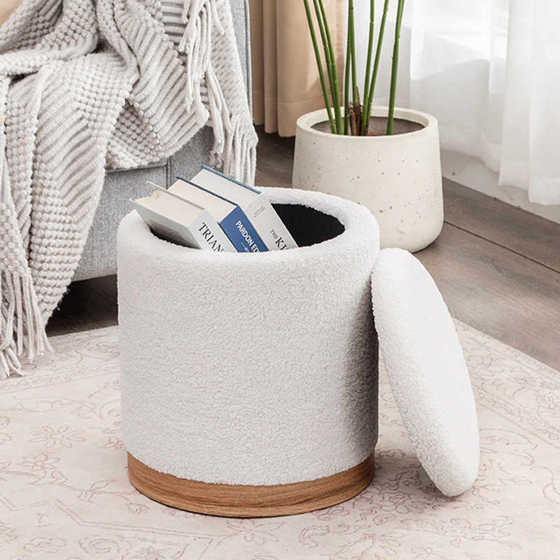 Teddy Fleece Round Ottoman With Stroage, Light Ebony
