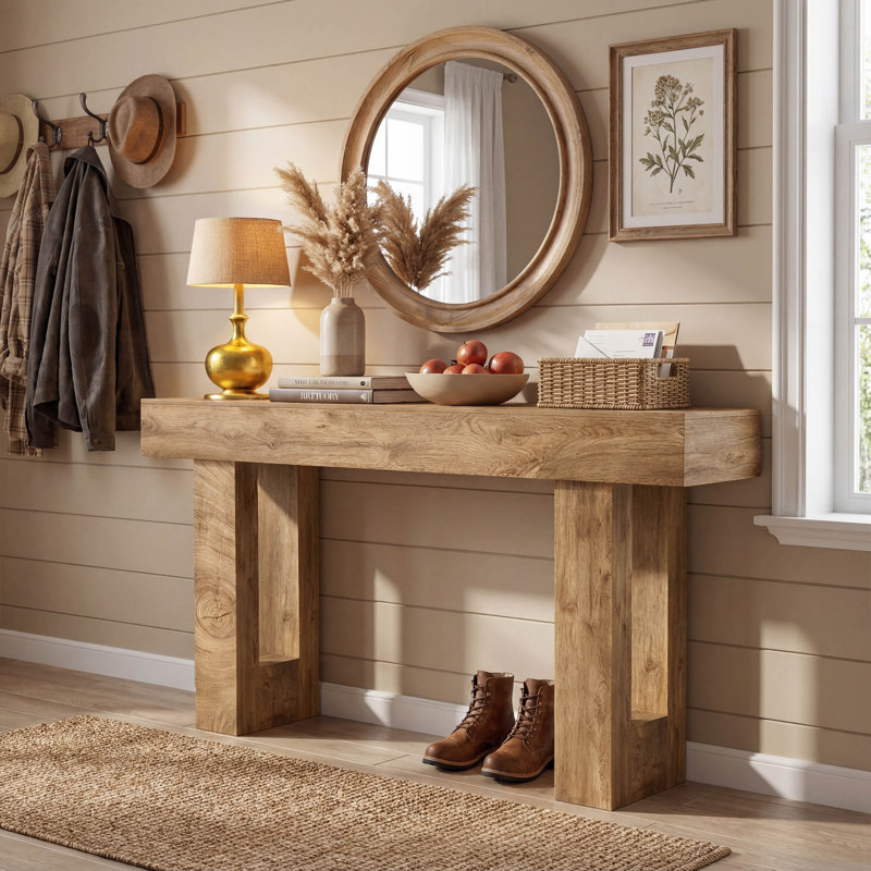 63 Inch Long Farmhouse Console Table with Storage, Solid Wood with Natural Grain for Entryway, Living Room, and Hallway in Natural Wood Finish