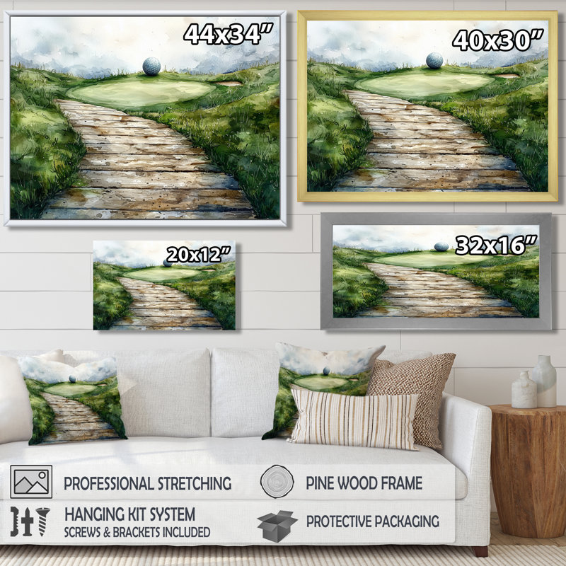 «Greens And Dreams Golf Course Landscape IV», art sur toile de golf, H 28 po x l 60 po, Cadre flottant, Silver