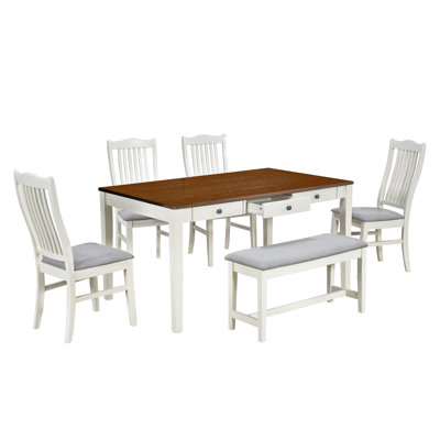 Ensemble de salle à manger six pièces en bois massif, comprenant une table de salle à manger avec tiroir, 4 chaises rembourrées et un banc