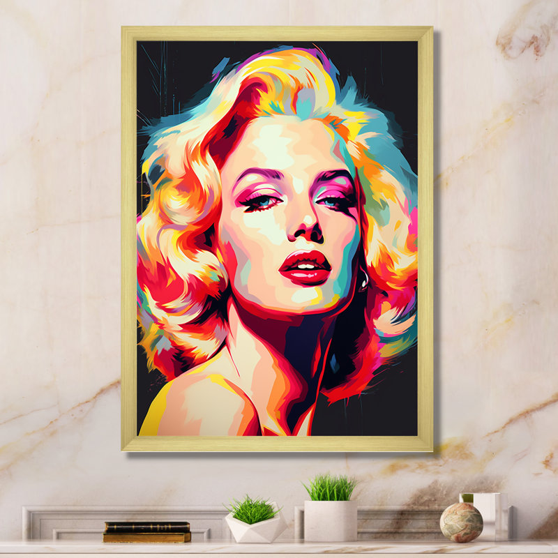 Pop Art Marilyn en couleur - art mural moderne, salon, H 40 po x l 30 po x P 1,5 po, Encadrement doré