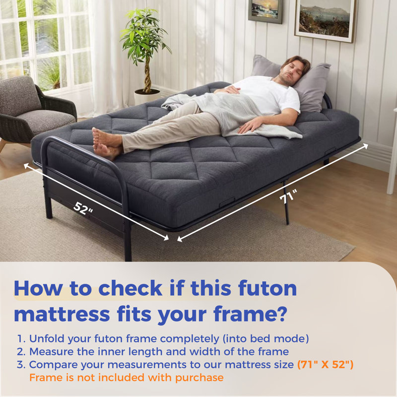 6" Thick Full Size Futon Mattress Replacement(Frame Not Included), Gel Memory Foam, Removable Pillow Top Cover, Dark Gray, Compression Packaging(71X52X6")