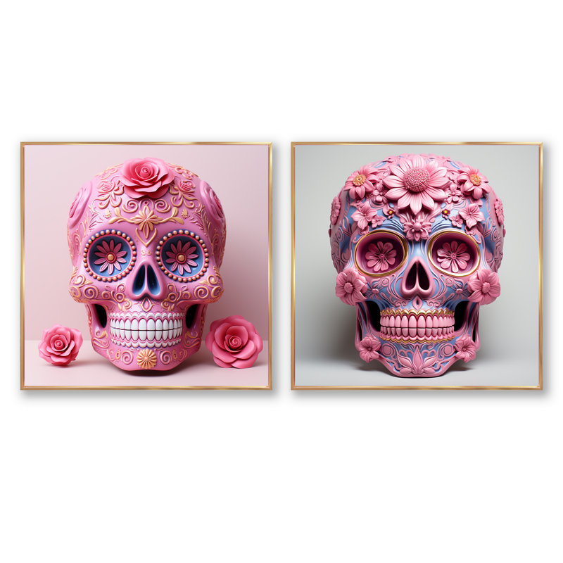 «La Calavera», art mexicain, ensemble de 2 collages carrés, Cadre flottant doré, H 16 po x l 33 po