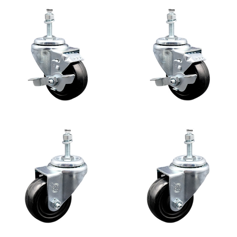 3 Inch SS Hard Rubber Wheel Swivel 10mm Threaded Stem Caster Set 2 Brakes