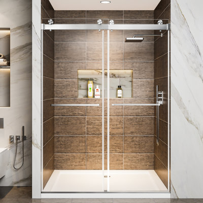 60" W Double Sliding Shower Door With Soft-close Feature, 3/8" (10mm) Clear Tempered Glass -proof Film, Dual Stainless Steel Handles, Frame, Water-repellent Coating, Reversible Installation 78" H