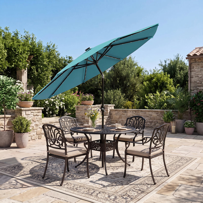 Parasol de terrasse inclinable en acier de 120 pouces (3 m) avec éclairage solaire à DEL, Light Blue
