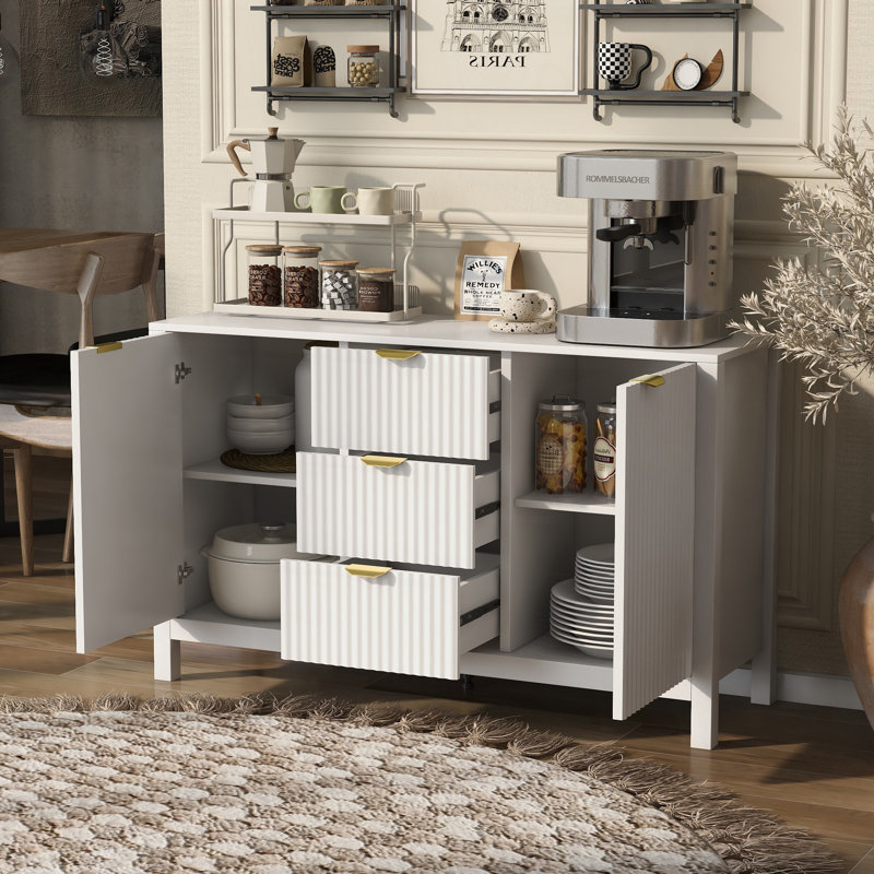 Console de rangement avec poignées en métal, buffet avec 3 tablettes réglables, 3 tiroirs et portes à fermeture en douceur, derrière le canapé