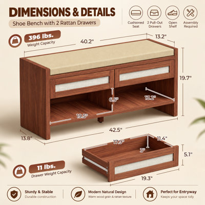 Banc de rangement à chaussures Pocono Boho avec tiroirs en rotin et coussin d'aspect lin