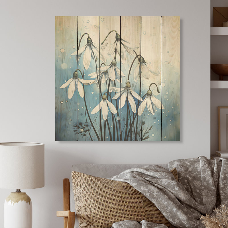 Minimalisme bleu et blanc Snowdrops Bloom I - Snowdrops, art sur bois de pin naturel, H 15 po x l 15 po
