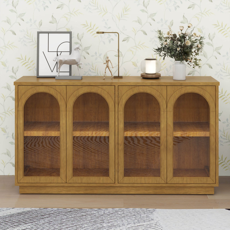 Buffet arqué avec rangement, grande armoire arquée avec portes en verre, Bois de pin vieilli