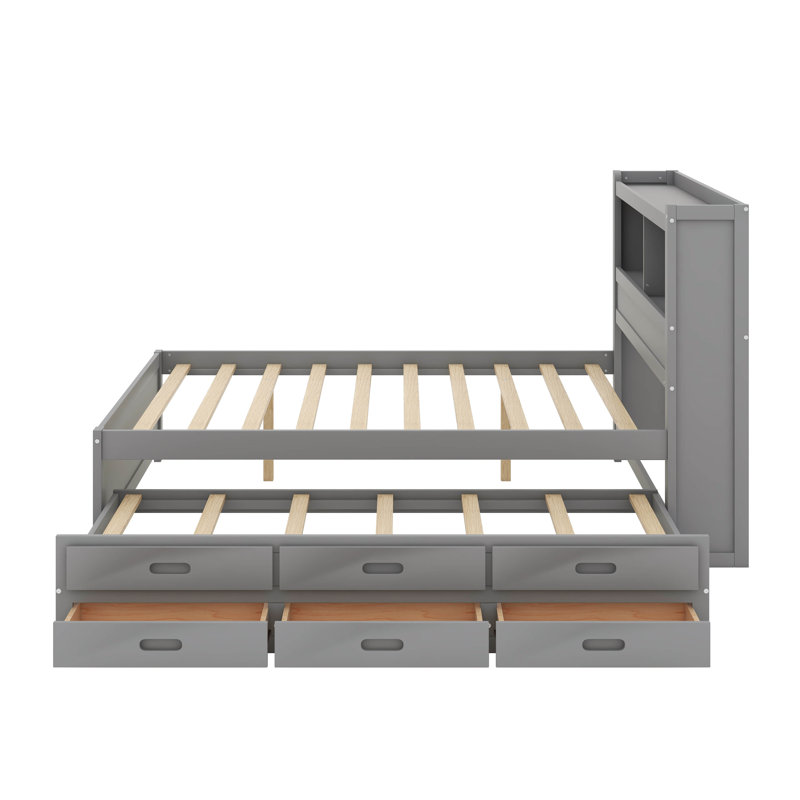 Lit plateforme double avec lit gigogne, tiroirs et port USB, Gris