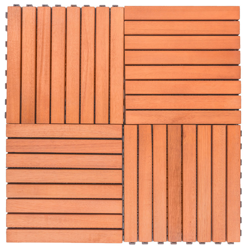 Slat Reddish Brown Wood Interlocking Deck Tile (Set of 10 Tiles)
