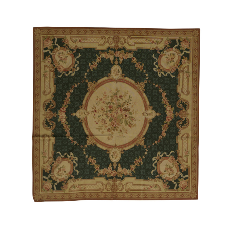 Needlepoint Wool Oriental Area Rug in Beige/Dark Green