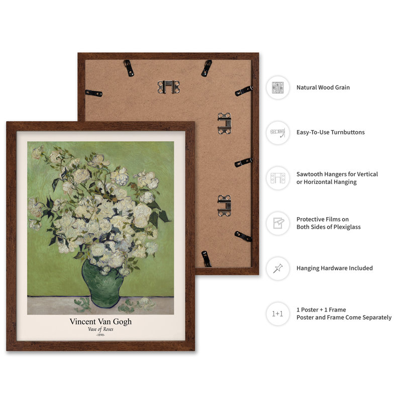 Van Gogh - Vase de roses, H 12 po x l 16 po, Affiche, Encadrement brun