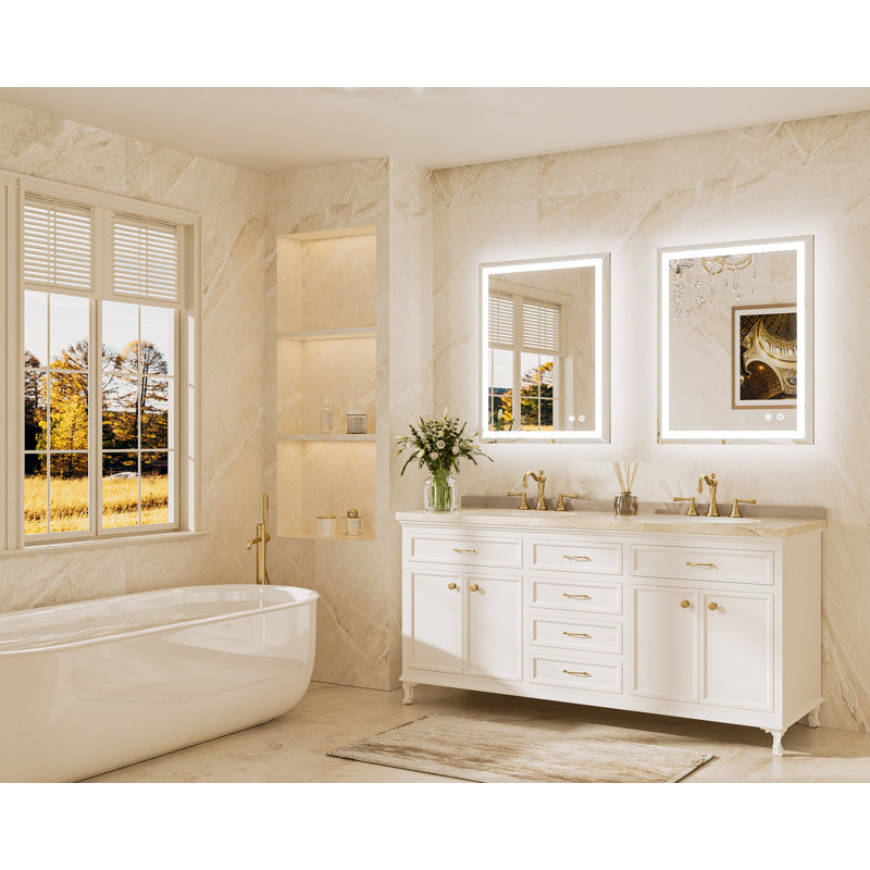 Beveled Front & Back LED Bathroom Vanity Mirror Dimmable Anti-Fog Tempered Glass, 24" x 32", Rectangle