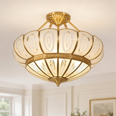 Plafonnier semi-encastré doré à 4 lumières à intensité variable avec motif Lotus luxueux (ampoules chaudes incluses)