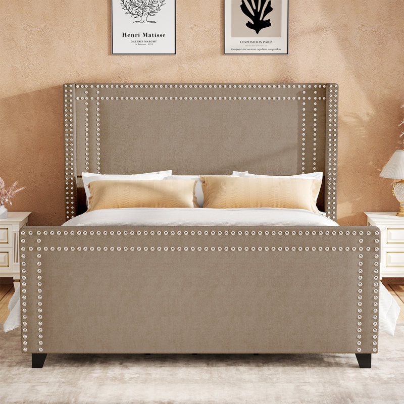 Queen Brown Chenille Upholstered Bed with Nailhead Trim