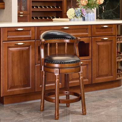 Tabouret de bar pivotant en cuir véritable véritable avec structure en bois d'hévéa massif, dossier mi-haut