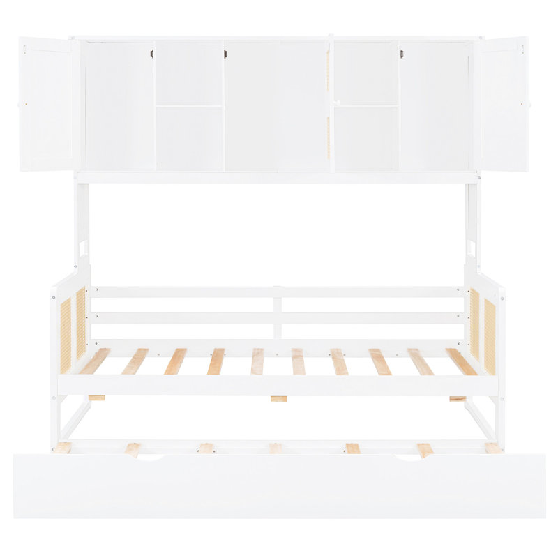 Lit de jour simple avec lit gigogne, armoire et tablette en blanc - Construction gigogne en bois, Lit simple, Blanc