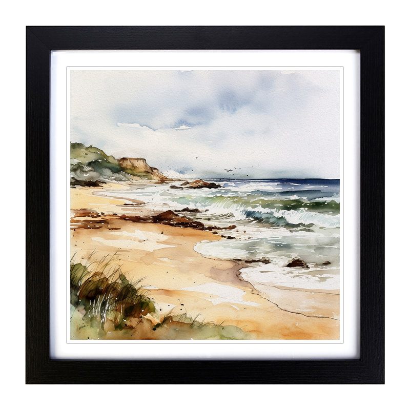 Beach Watercolour No.4 - Framed Print, Black