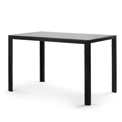 Table de salle à manger 4 places avec plateau en verre trempé noir et pieds en métal, 75 x 117 x 72 cm, poids maximal supporté par 4 personnes : 77 kg, structure robuste.