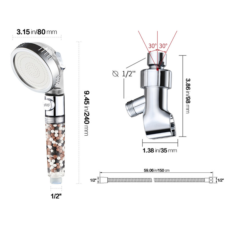 Pomme de douche à filtre transparente avec interrupteur de pause et tuyau de 5 pi Transparent, Chrome / transparent