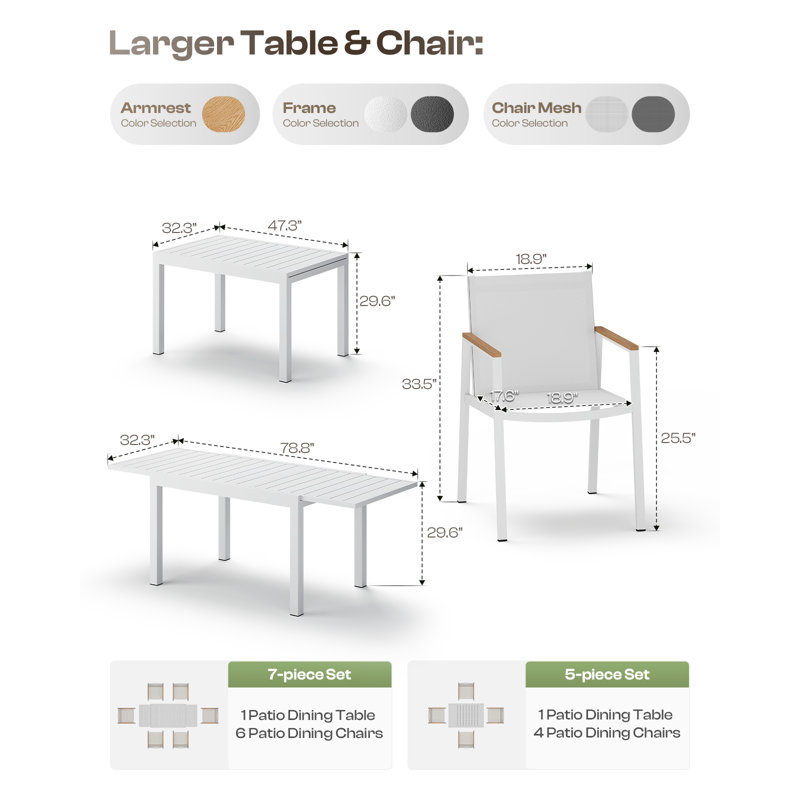 Ensemble de salle à manger d'extérieur en aluminium pour 4 personnes avec table rectangulaire extensible et chaises en textilène