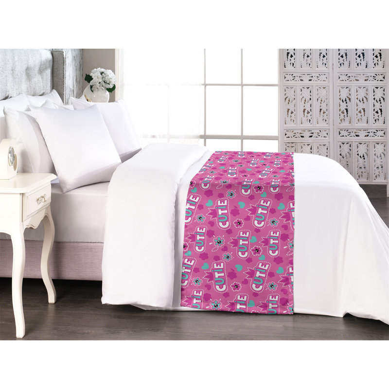 King Pink Polyester Satin Bed Runner with Crown Pattern