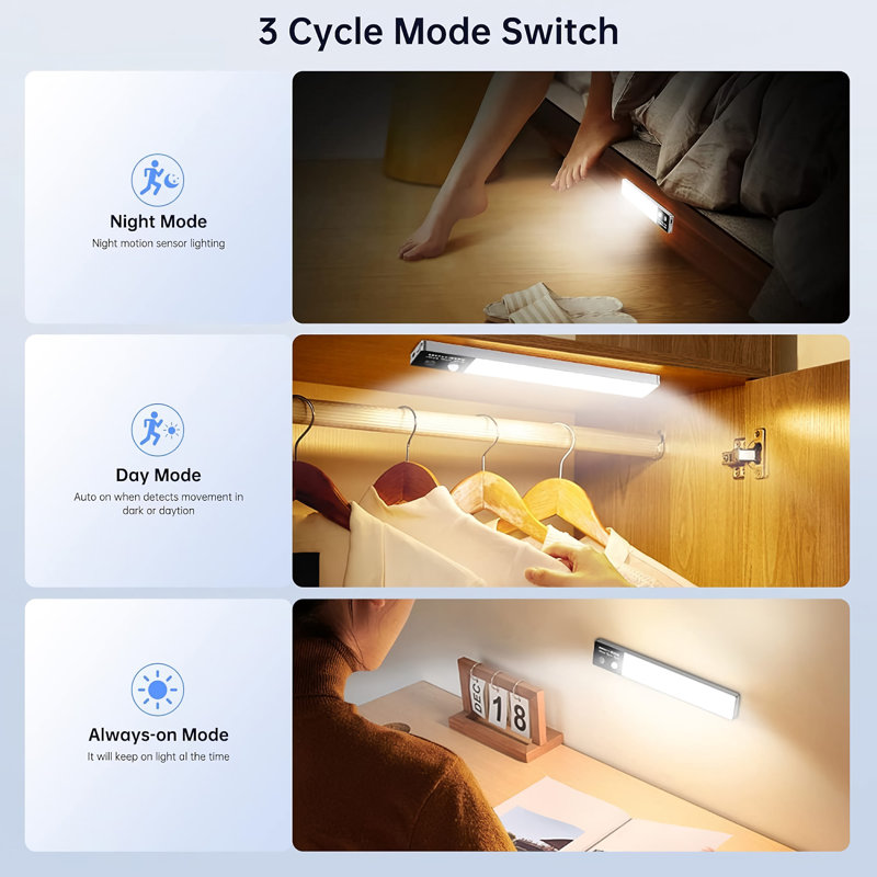 2-Pack LED Motion Sensor Closet Light, Wireless Under Cabinet Lights with LCD Display, 3 Modes, USB Rechargeable for Home, Wardrobe, Closet, Cabinet (Black) - C400