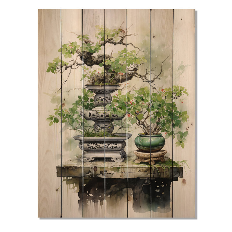 «Japon Art Meditation Green Bonsai III», reproduction sur bois naturel, H 20 po x l 10 po x P 0,78 po